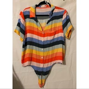 Light, cotton rainbow stripped blouse with front tie.